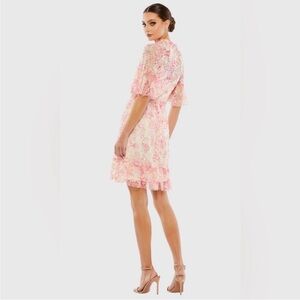 NWT Mac Duggal Sequin Floral
Ruffle Illusion Neck Mini Dress Pink